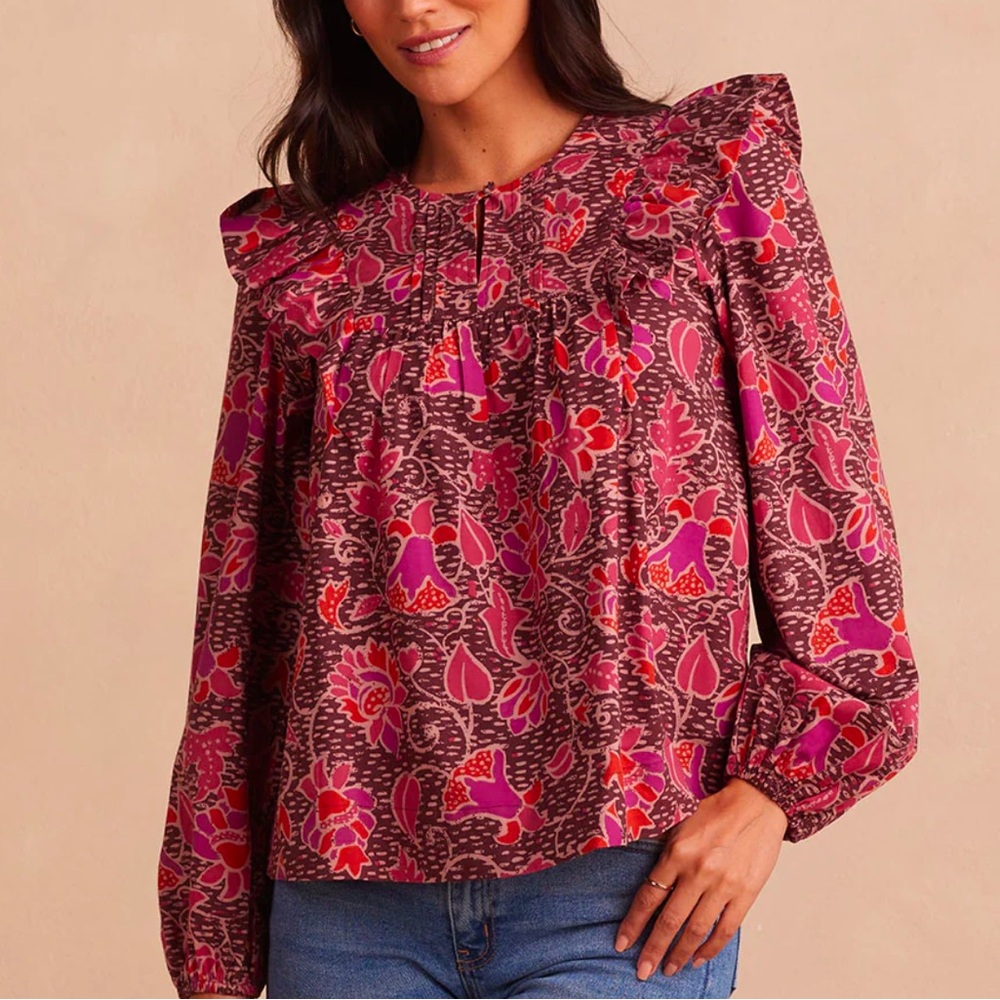 Summersalt 1X The Countryside Poplin Ruffle Blouse - Vineyard Blooms in Pinot